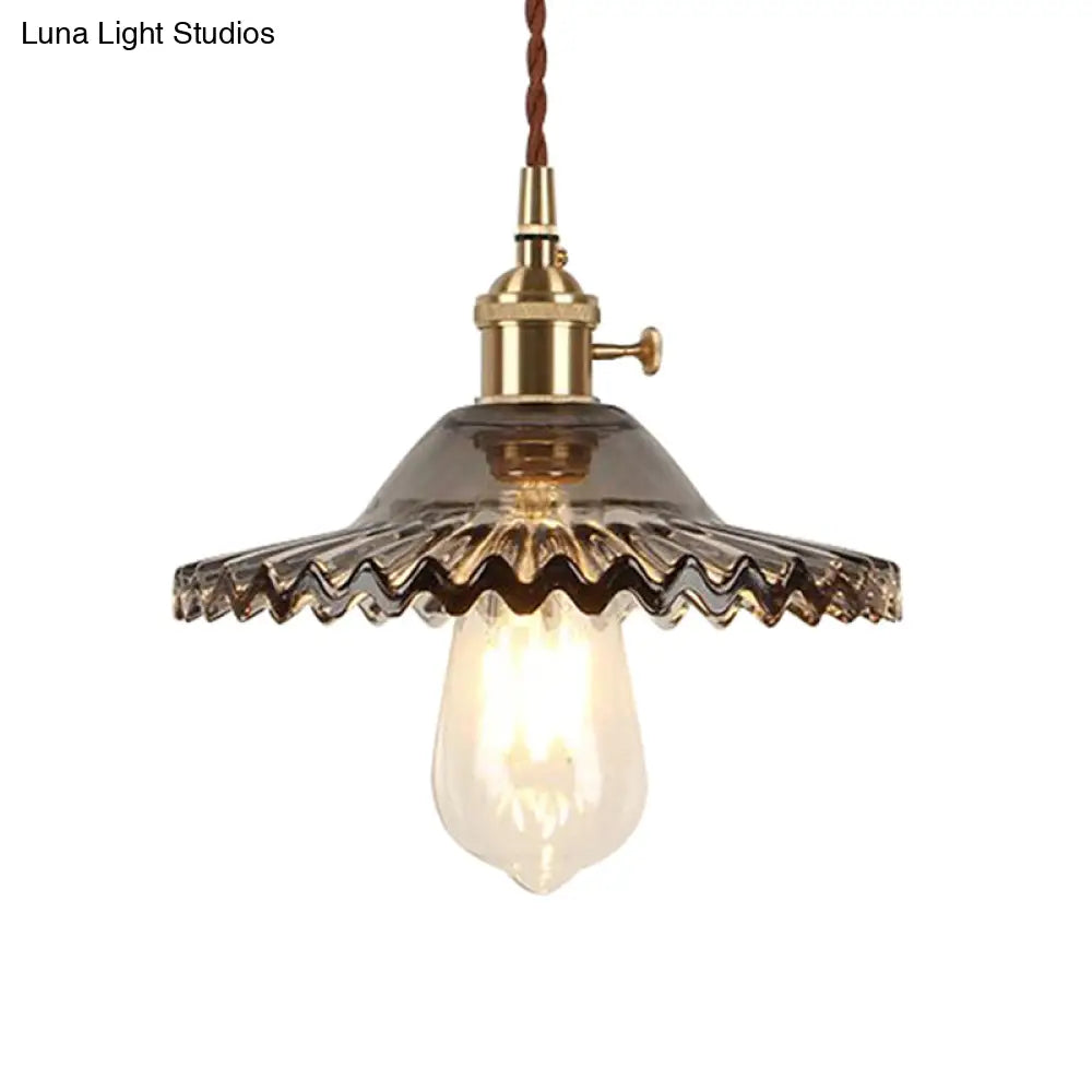 Industrial Brass Scalloped Pendant Light With Glass Shade - 1-Light Hanging Ceiling Fixture For