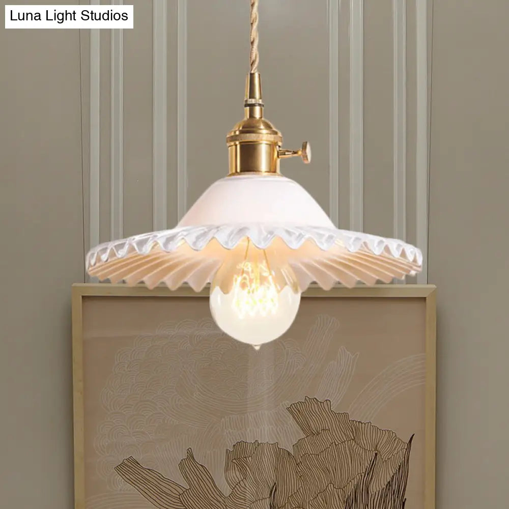 Industrial Brass Scalloped Pendant Light With Glass Shade - 1-Light Hanging Ceiling Fixture For