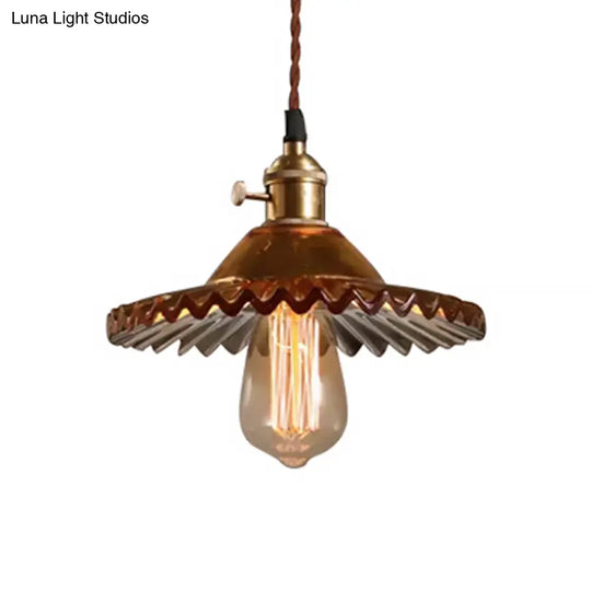 Industrial Brass Scalloped Pendant Light With Glass Shade - 1-Light Hanging Ceiling Fixture For