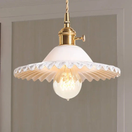 Industrial Brass Scalloped Pendant Light With Glass Shade - 1-Light Hanging Ceiling Fixture For