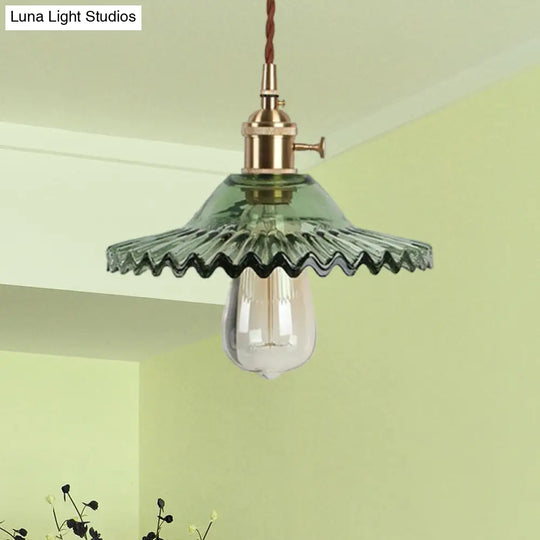 Industrial Brass Scalloped Pendant Light With Glass Shade - 1-Light Hanging Ceiling Fixture For