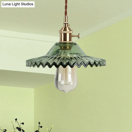 Industrial Brass 1-Light Hanging Pendant With Scalloped Black/White/Green Glass Perfect For Dining