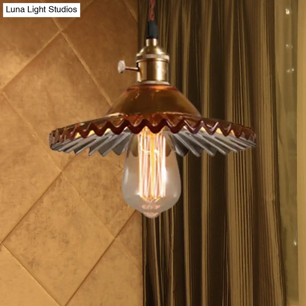 Industrial Brass Scalloped Pendant Light With Glass Shade - 1-Light Hanging Ceiling Fixture For