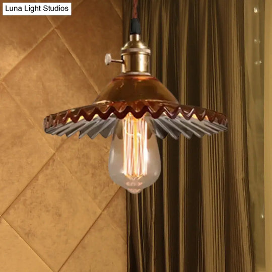 Industrial Brass Scalloped Pendant Light With Glass Shade - 1-Light Hanging Ceiling Fixture For