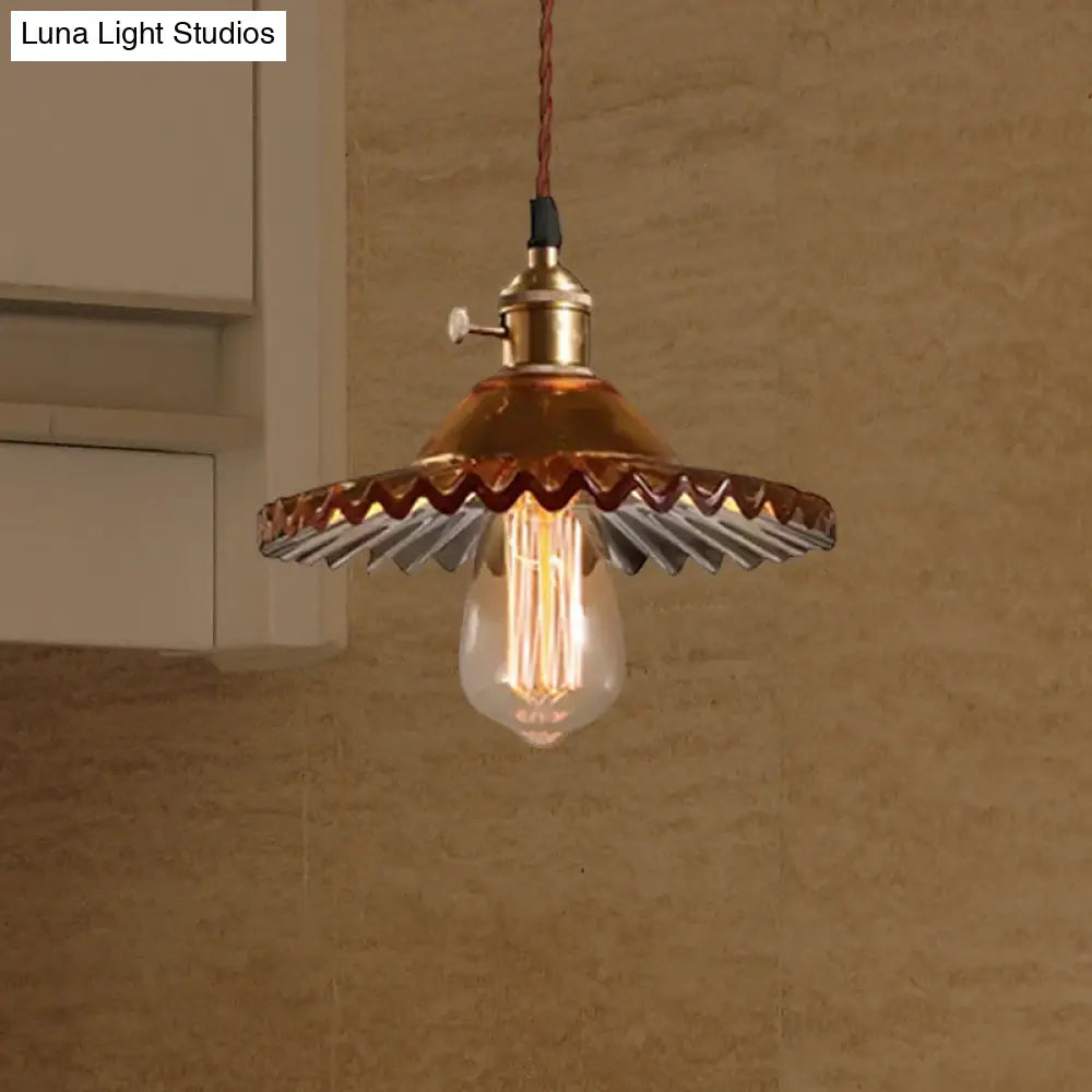 Industrial Brass Scalloped Pendant Light With Glass Shade - 1-Light Hanging Ceiling Fixture For