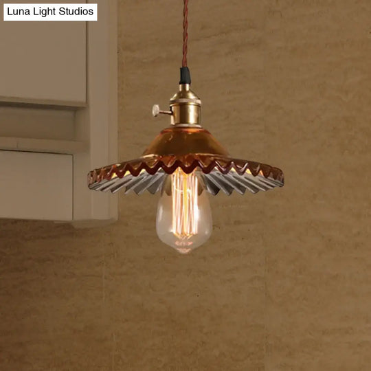 Industrial Brass Scalloped Pendant Light With Glass Shade - 1-Light Hanging Ceiling Fixture For