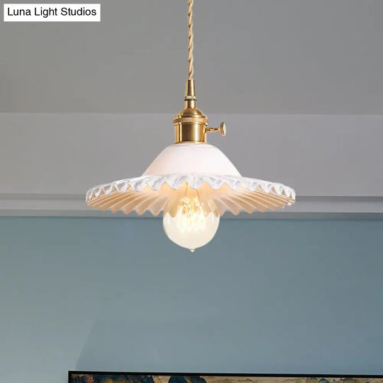 Industrial Brass Scalloped Pendant Light With Glass Shade - 1-Light Hanging Ceiling Fixture For