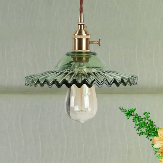 Industrial Brass Scalloped Pendant Light With Glass Shade - 1-Light Hanging Ceiling Fixture For