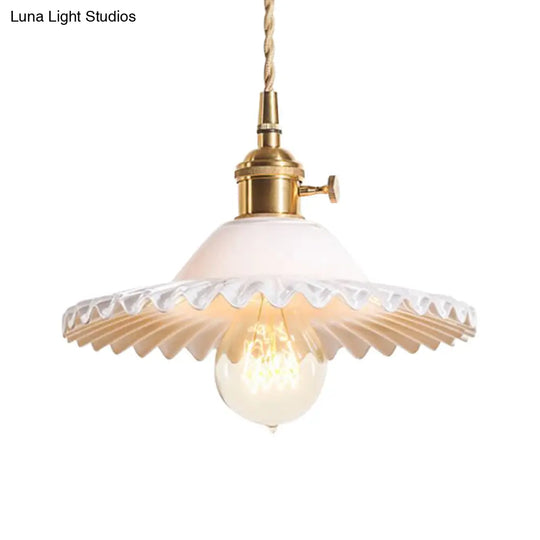 Industrial Brass Scalloped Pendant Light With Glass Shade - 1-Light Hanging Ceiling Fixture For