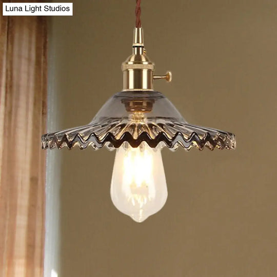 Industrial Brass Scalloped Pendant Light With Glass Shade - 1-Light Hanging Ceiling Fixture For