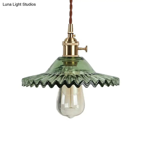 Industrial Brass Scalloped Pendant Light With Glass Shade - 1-Light Hanging Ceiling Fixture For