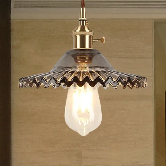 Industrial Brass Scalloped Pendant Light With Glass Shade - 1-Light Hanging Ceiling Fixture For