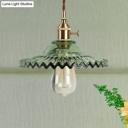 Industrial Brass 1-Light Hanging Pendant With Scalloped Black/White/Green Glass Perfect For Dining