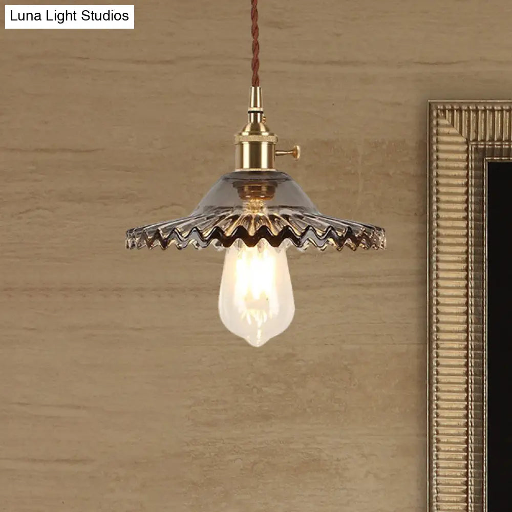 Industrial Brass Scalloped Pendant Light With Glass Shade - 1-Light Hanging Ceiling Fixture For