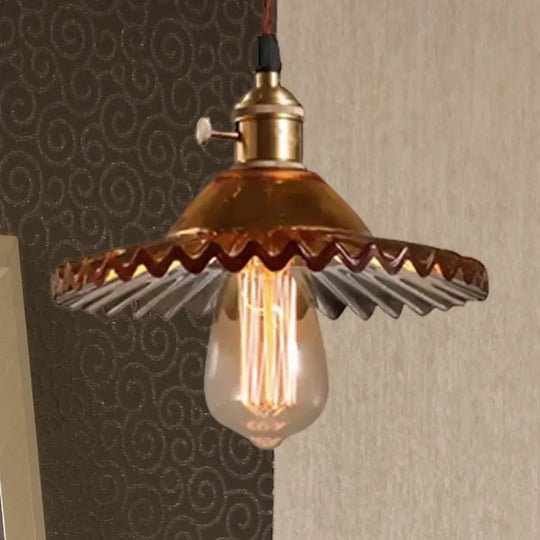 Industrial Brass Scalloped Pendant Light With Glass Shade - 1-Light Hanging Ceiling Fixture For