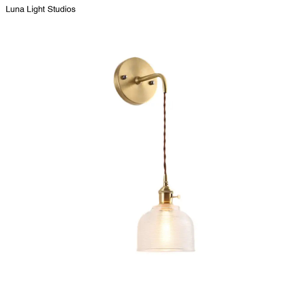 Industrial Brass Sconce With Clear Textured Glass Dome - One Light Lighting Fixture