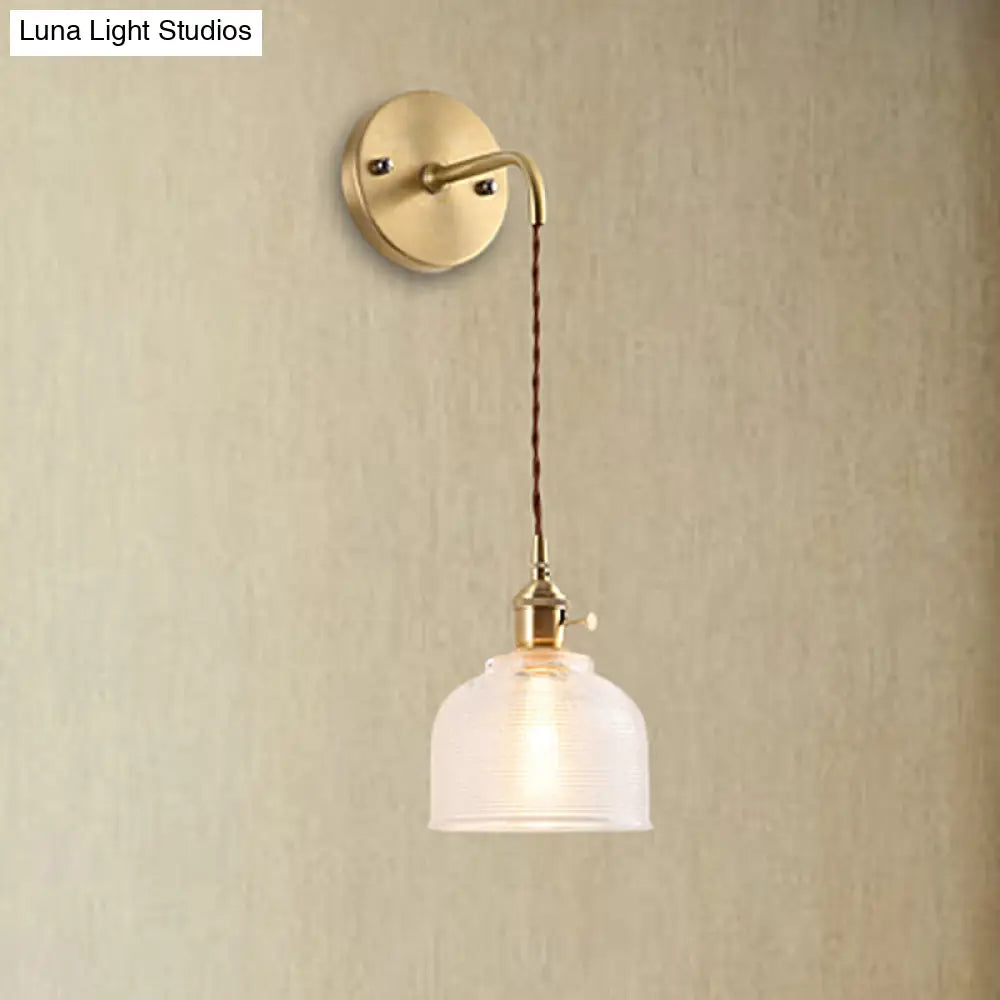 Industrial Brass Sconce With Clear Textured Glass Dome - One Light Lighting Fixture