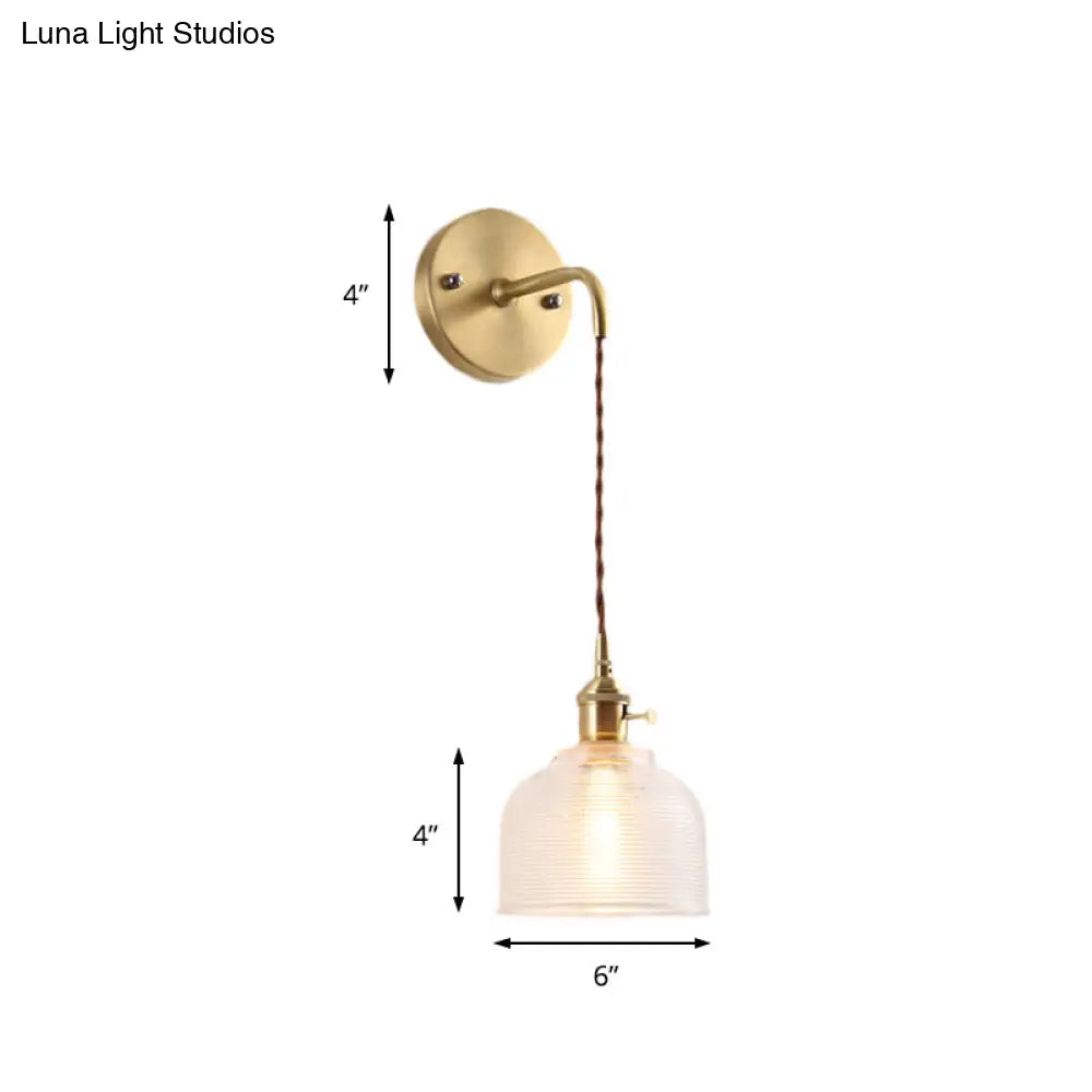 Industrial Brass Sconce With Clear Textured Glass Dome - One Light Lighting Fixture