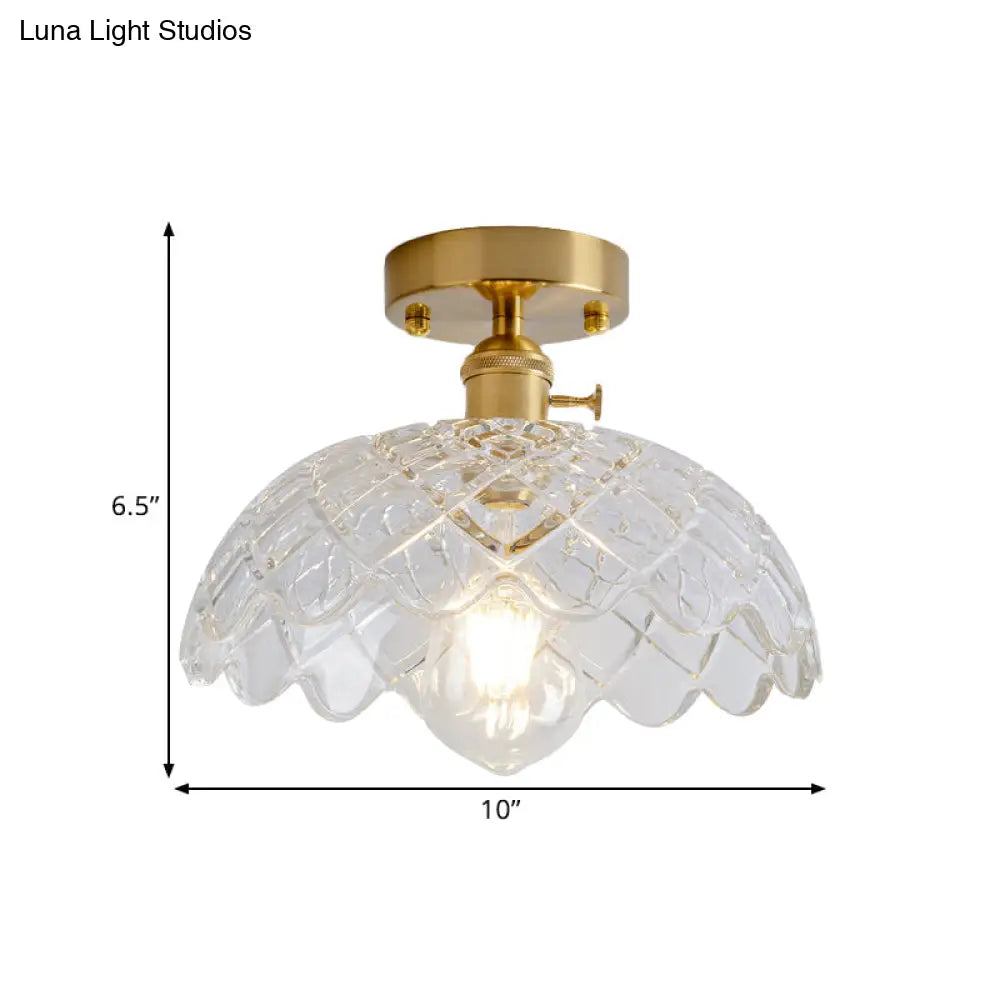 Industrial Brass Semi Flush Ceiling Light With Dome/Barn/Flower Shade - Amber/Clear Textured Glass