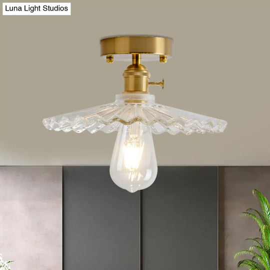 Industrial Brass Semi Flush Ceiling Light With Dome/Barn/Flower Shade - Amber/Clear Textured Glass