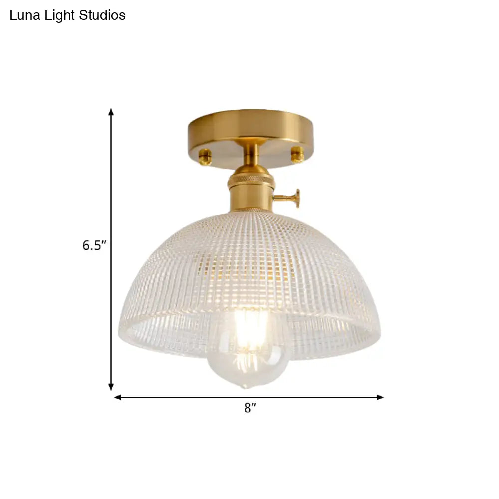 Industrial Brass Semi Flush Ceiling Light With Dome/Barn/Flower Shade - Amber/Clear Textured Glass