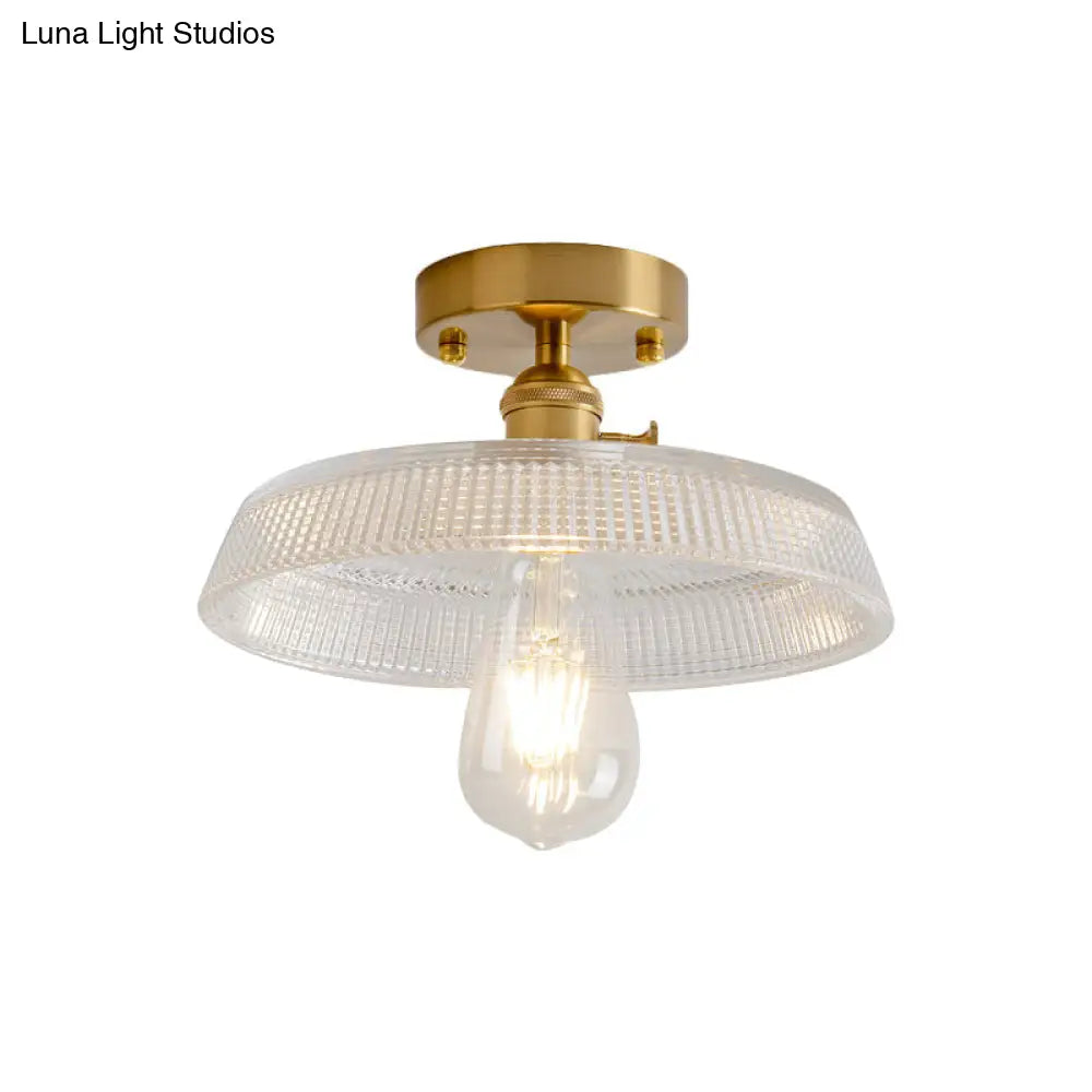 Industrial Brass Semi Flush Ceiling Light With Dome/Barn/Flower Shade - Amber/Clear Textured Glass