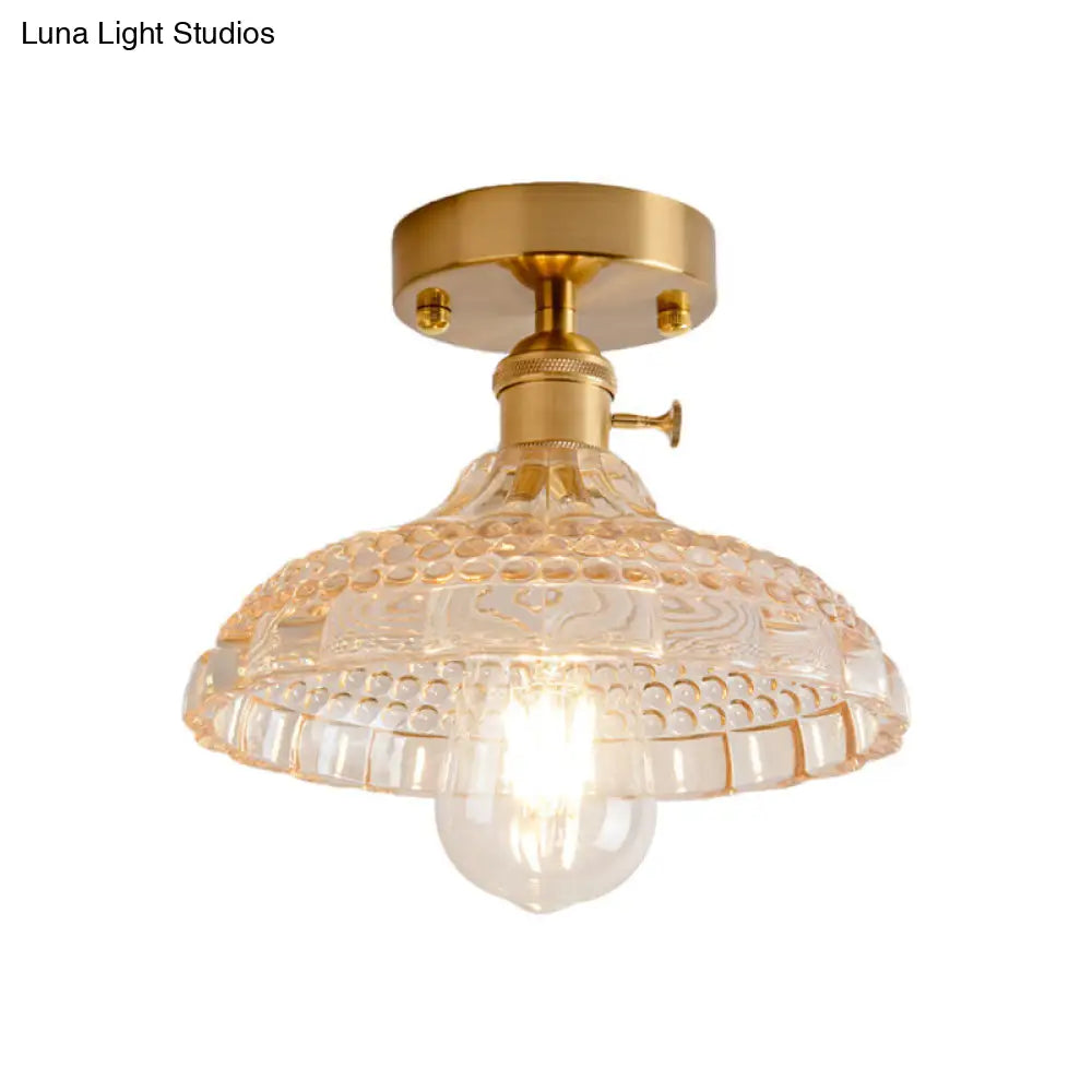 Industrial Brass Semi Flush Ceiling Light With Dome/Barn/Flower Shade - Amber/Clear Textured Glass