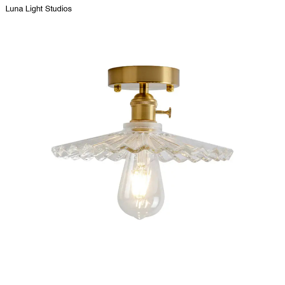 Industrial Brass Semi Flush Ceiling Light With Dome/Barn/Flower Shade - Amber/Clear Textured Glass