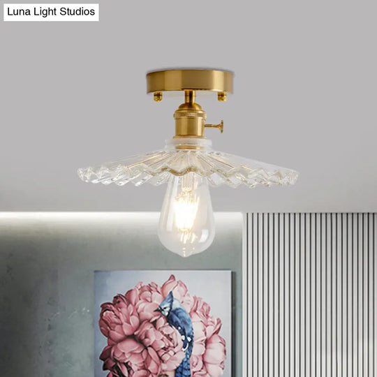 Industrial Brass Semi Flush Ceiling Light With Dome/Barn/Flower Shade - Amber/Clear Textured Glass