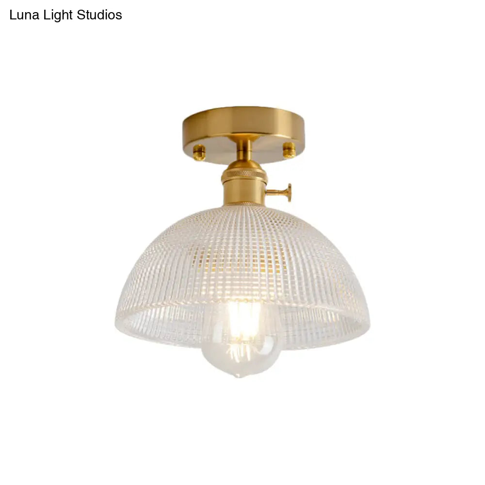 Industrial Brass Semi Flush Ceiling Light With Dome/Barn/Flower Shade - Amber/Clear Textured Glass