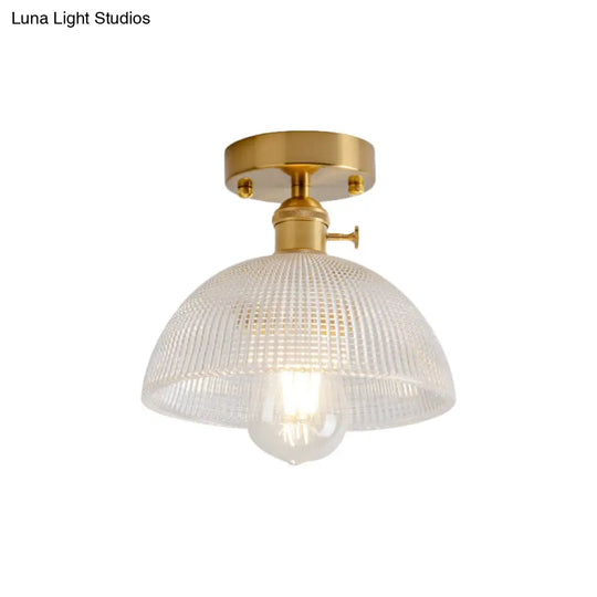 Industrial Brass Semi Flush Ceiling Light With Dome/Barn/Flower Shade - Amber/Clear Textured Glass