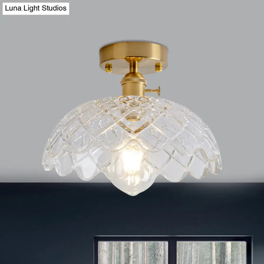 Industrial Brass Semi Flush Ceiling Light With Dome/Barn/Flower Shade - Amber/Clear Textured Glass