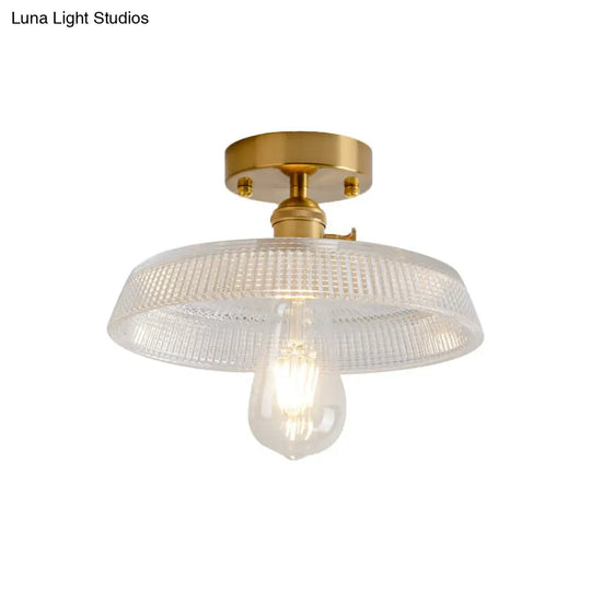 Industrial Brass Semi Flush Ceiling Light With Dome/Barn/Flower Shade - Amber/Clear Textured Glass