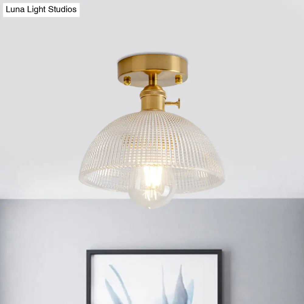 Industrial Brass Semi Flush Ceiling Light With Dome/Barn/Flower Shade - Amber/Clear Textured Glass