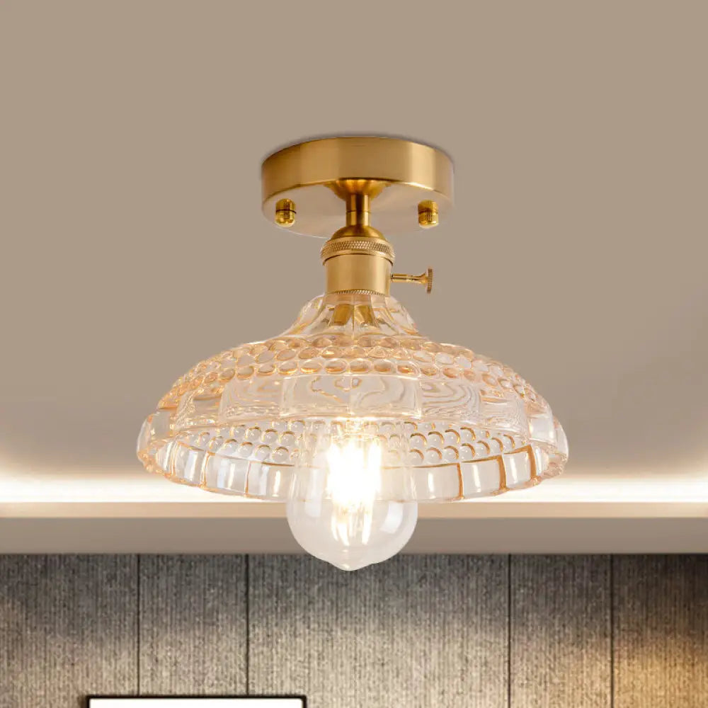 Industrial Brass Semi Flush Ceiling Light With Dome/Barn/Flower Shade - Amber/Clear Textured Glass