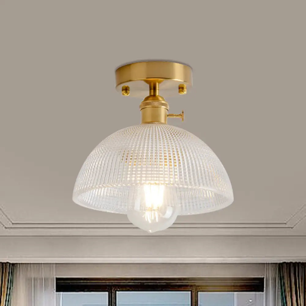 Industrial Brass Semi Flush Ceiling Light With Dome/Barn/Flower Shade - Amber/Clear Textured Glass