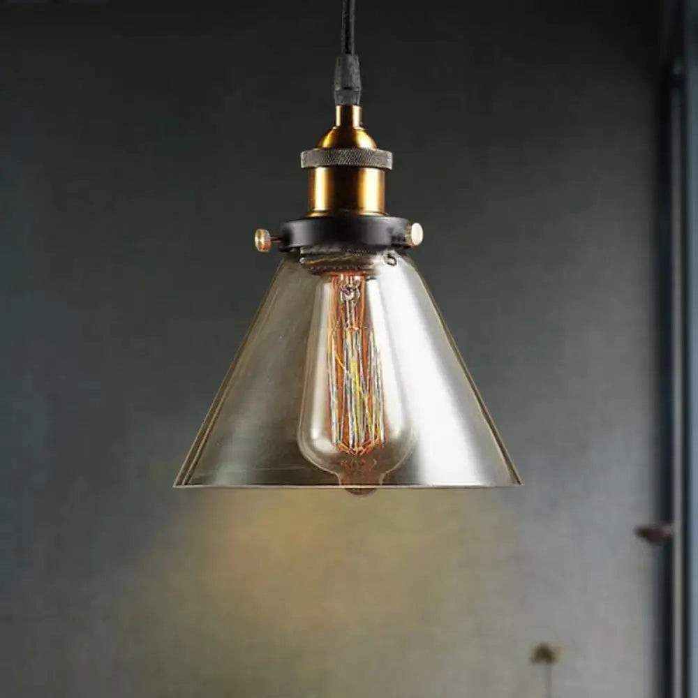 Industrial Brass Smoked Glass Cone Pendant Ceiling Light - 1-Light Fixture