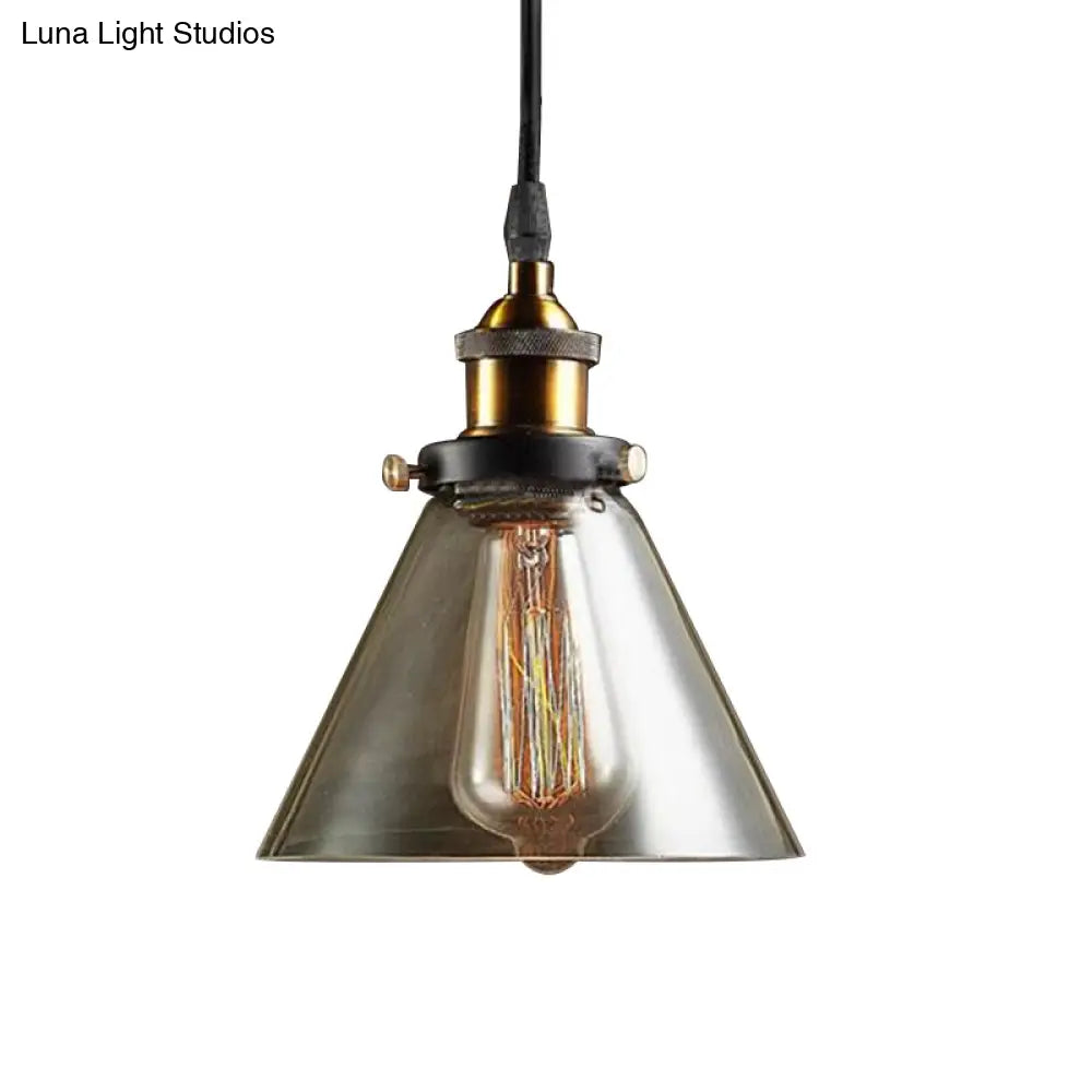 Industrial Brass Smoked Glass Cone Pendant Ceiling Light - 1-Light Fixture
