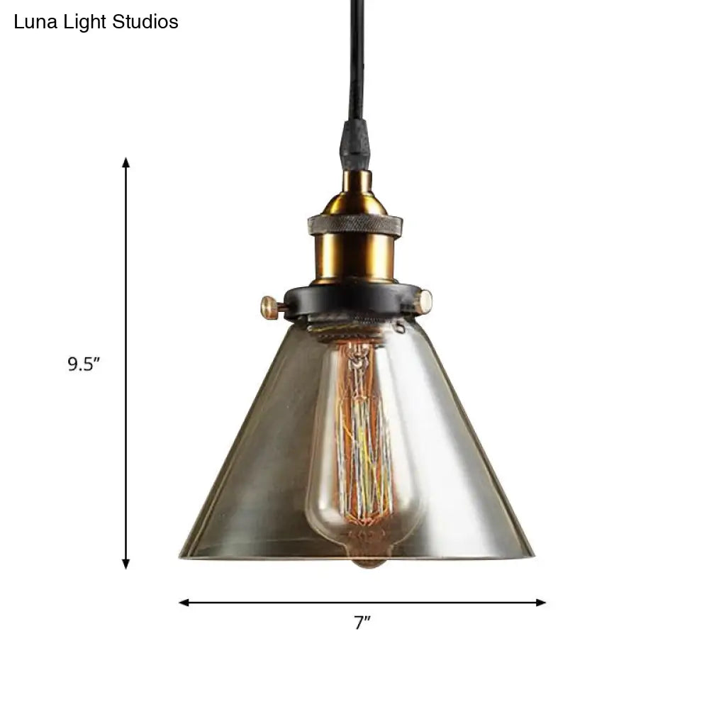 Industrial Brass Smoked Glass Cone Pendant Lighting Fixture - 1-Light Hanging Ceiling Light