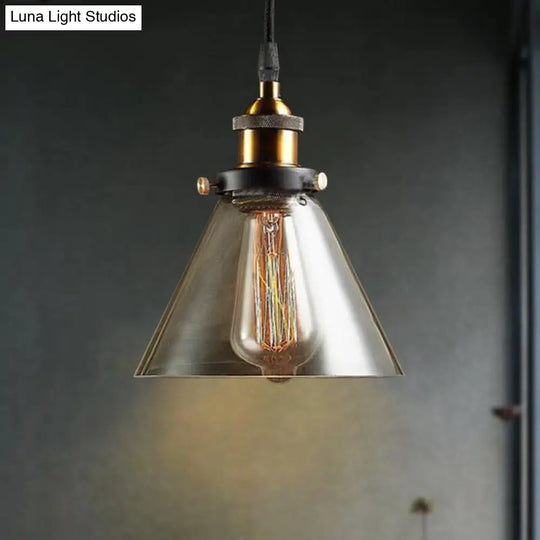 Industrial Brass Smoked Glass Cone Pendant Lighting Fixture - 1-Light Hanging Ceiling Light