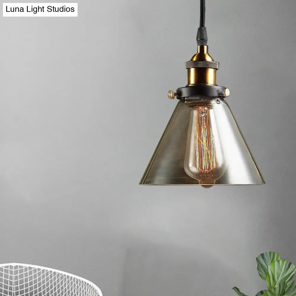 Industrial Brass Smoked Glass Cone Pendant Ceiling Light - 1-Light Fixture