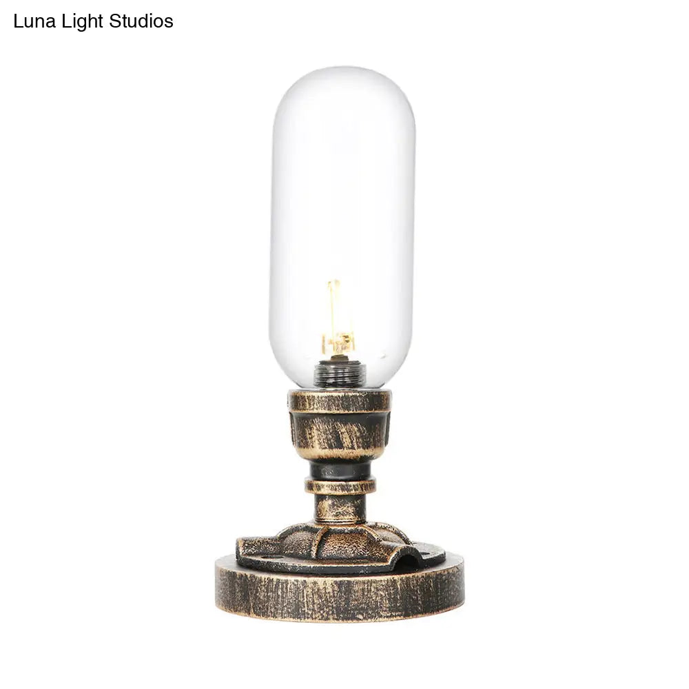 Industrial Brass Table Light With Pipe Metal Base - Clear/Amber Glass Nightstand Lamp For Teahouse