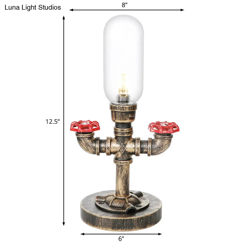 Industrial Brass Table Light With Pipe Metal Base - Clear/Amber Glass Nightstand Lamp For Teahouse