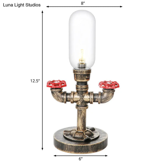 Industrial Brass Table Light With Pipe Metal Base - Clear/Amber Glass Nightstand Lamp For Teahouse