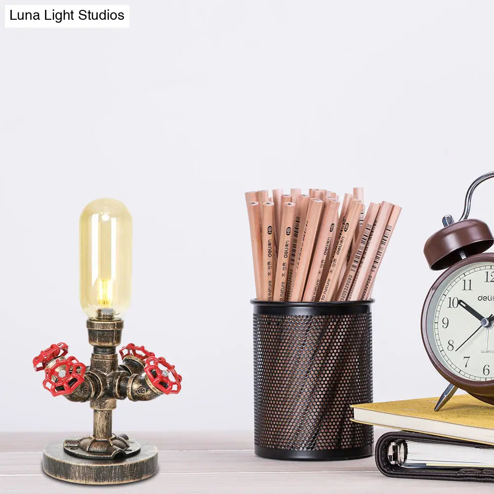 Industrial Brass Table Light With Pipe Metal Base - Clear/Amber Glass Nightstand Lamp For Teahouse