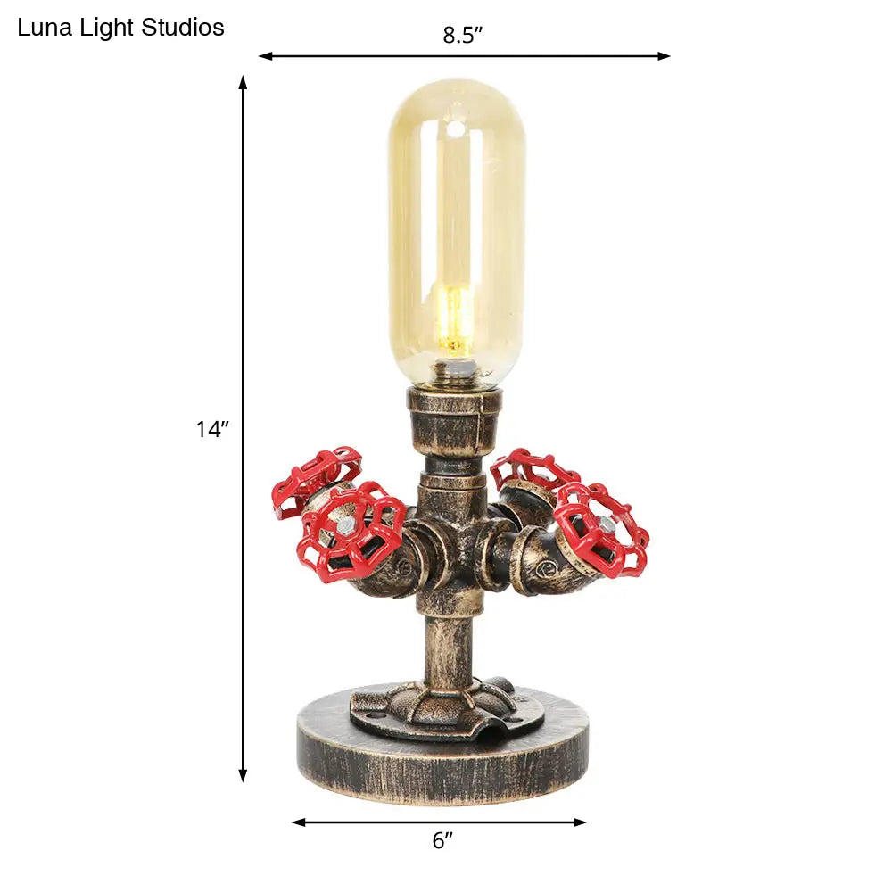 Industrial Brass Table Light With Pipe Metal Base - Clear/Amber Glass Nightstand Lamp For Teahouse