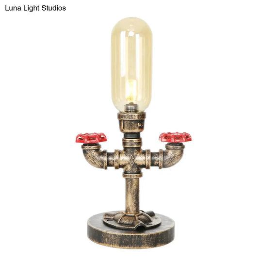 Industrial Brass Table Light With Pipe Metal Base - Clear/Amber Glass Nightstand Lamp For Teahouse