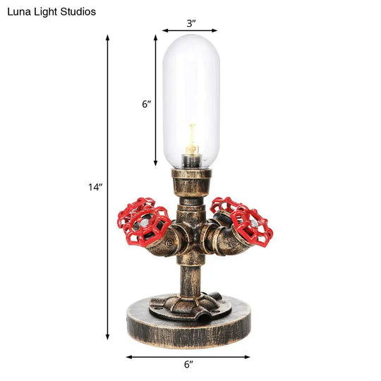 Industrial Brass Table Light With Pipe Metal Base - Clear/Amber Glass Nightstand Lamp For Teahouse