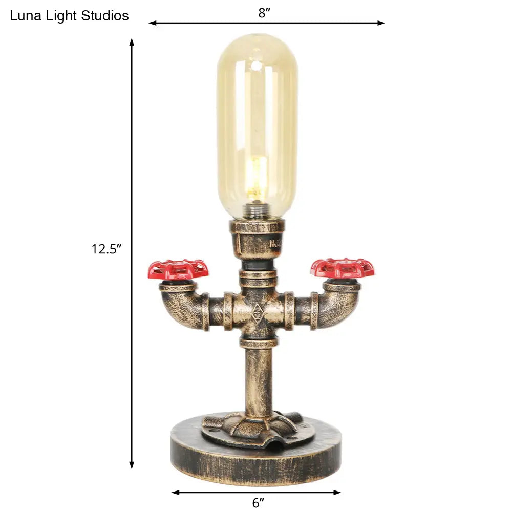 Industrial Brass Table Light With Pipe Metal Base - Clear/Amber Glass Nightstand Lamp For Teahouse