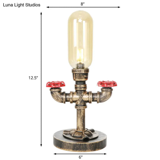 Industrial Brass Table Light With Pipe Metal Base - Clear/Amber Glass Nightstand Lamp For Teahouse